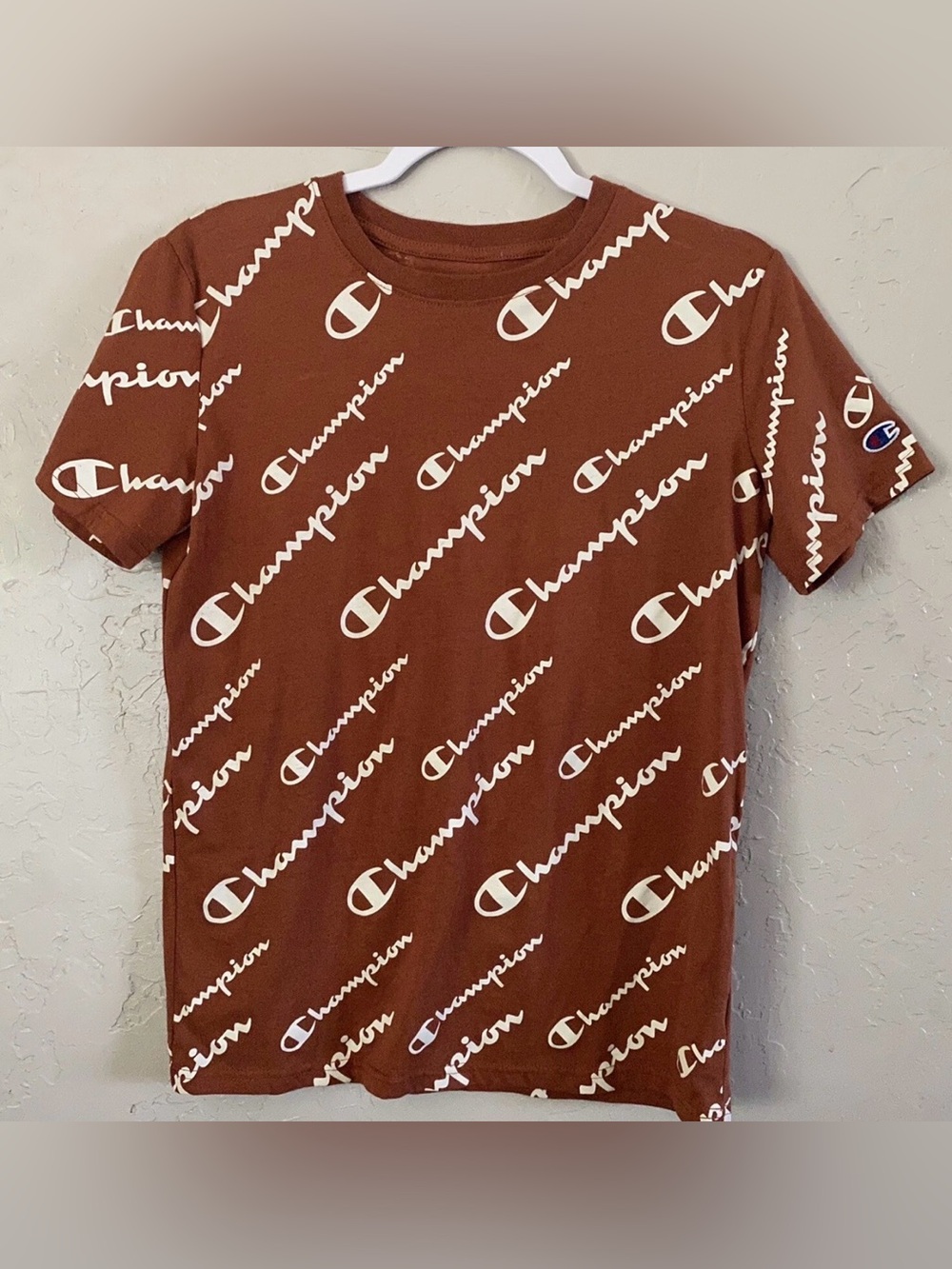 Champion Brick Color Short Sleeve Tee with White All-Over Logo